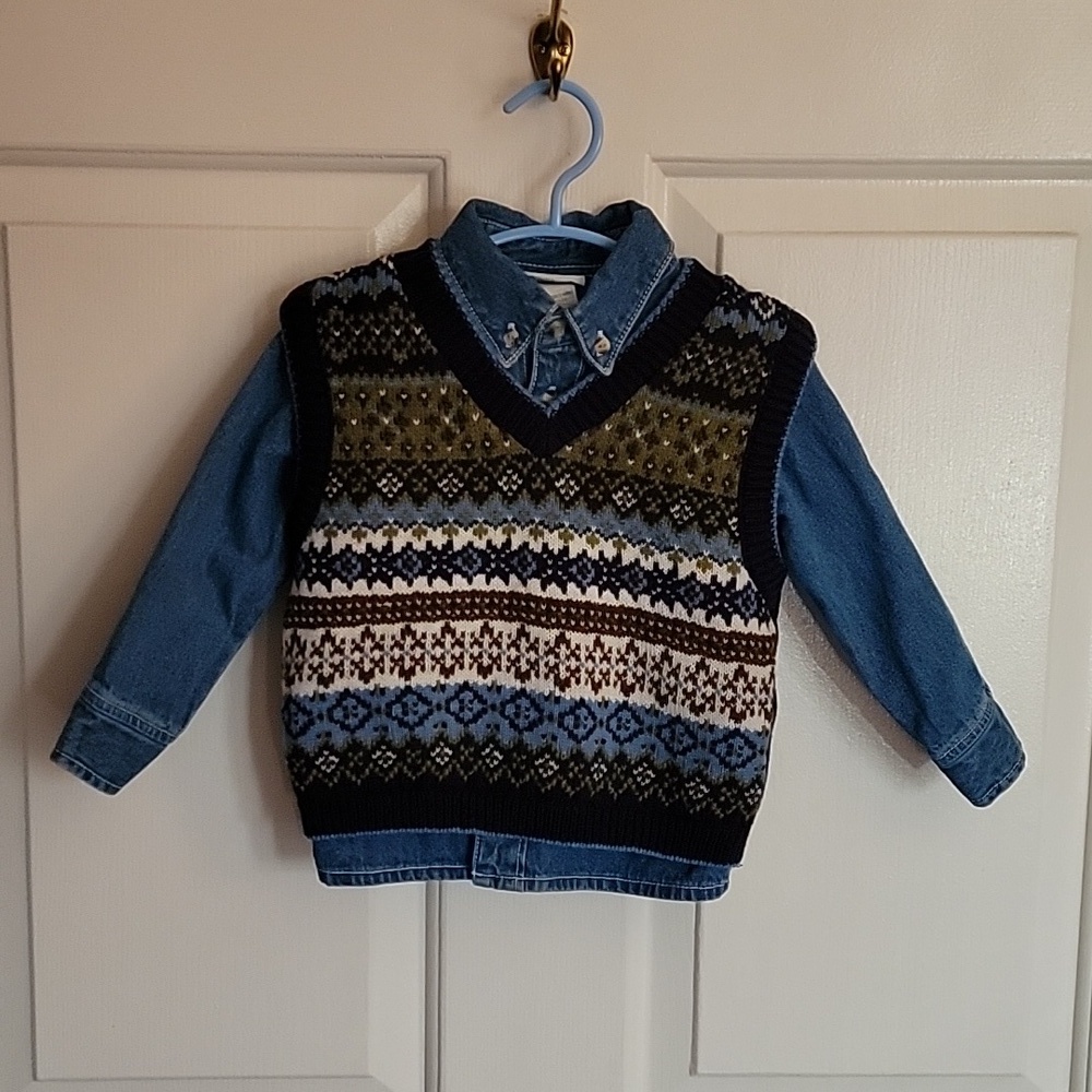 BT Kids, 2T denim shirt and vest, boys, blue, green and white